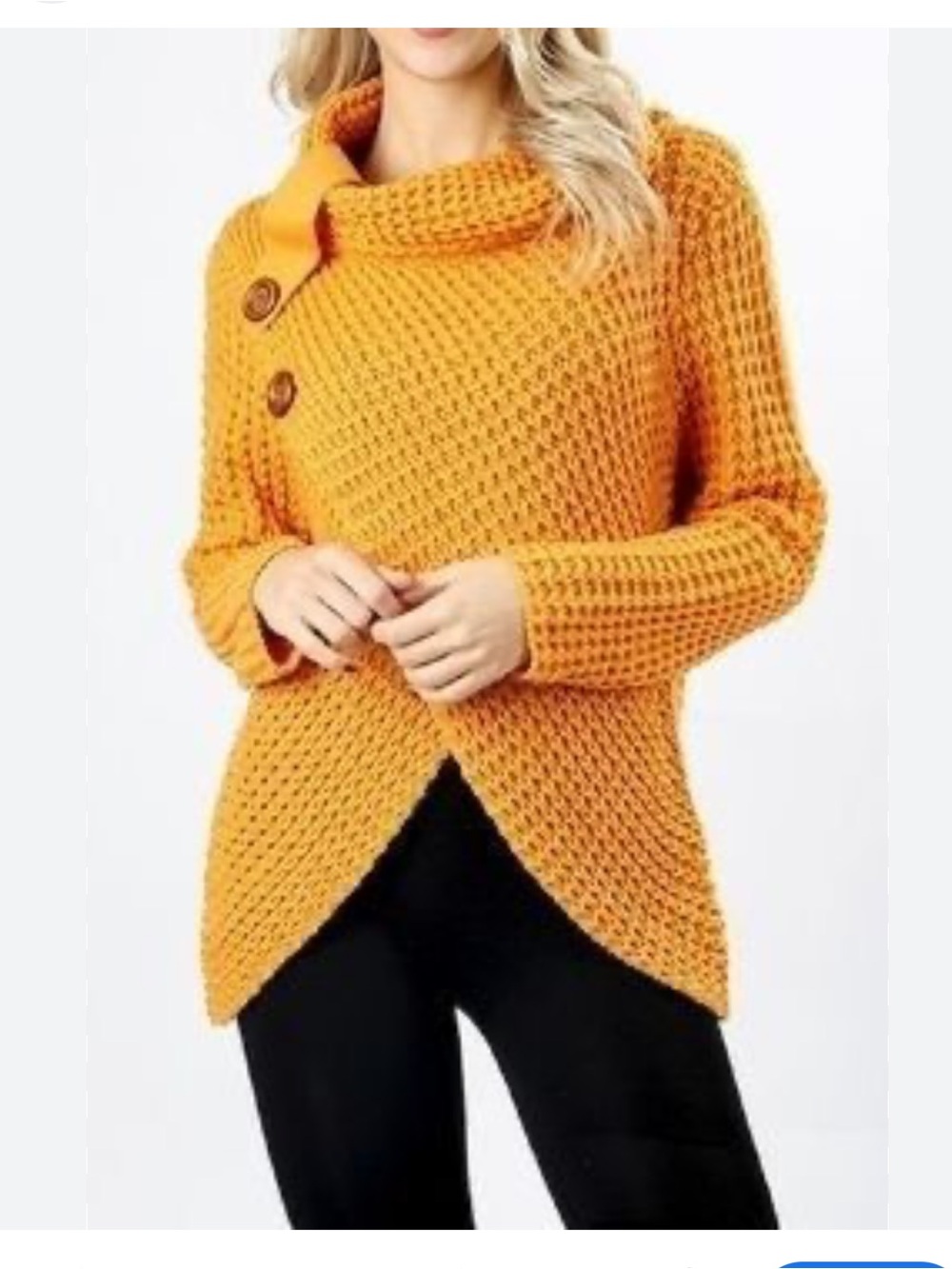 Zenana Outfitters Mustard Asymmetrical‎ Button Cowl Sweater